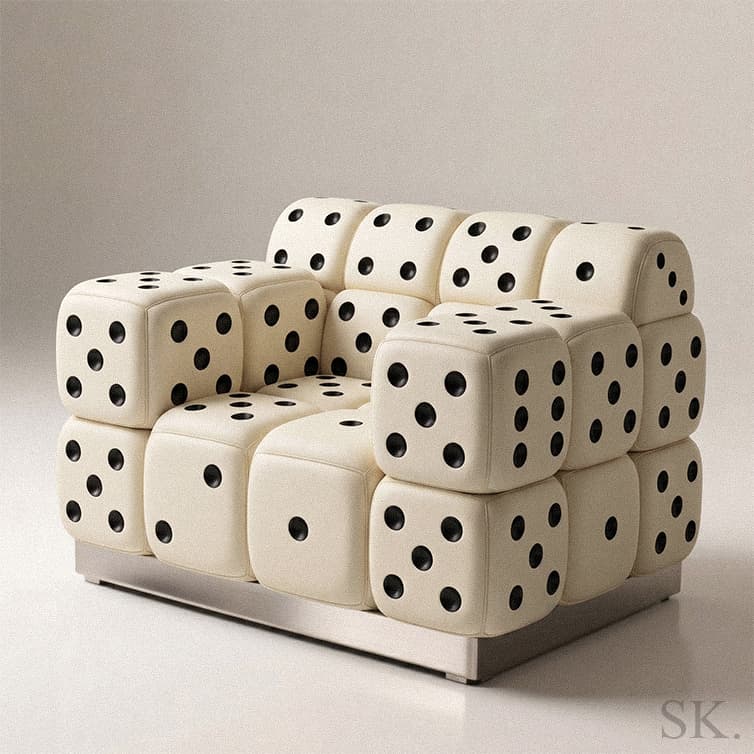 Unique cream-colored sofa composed of giant dice-shaped cushions with black pips, resting on a sleek metallic base.