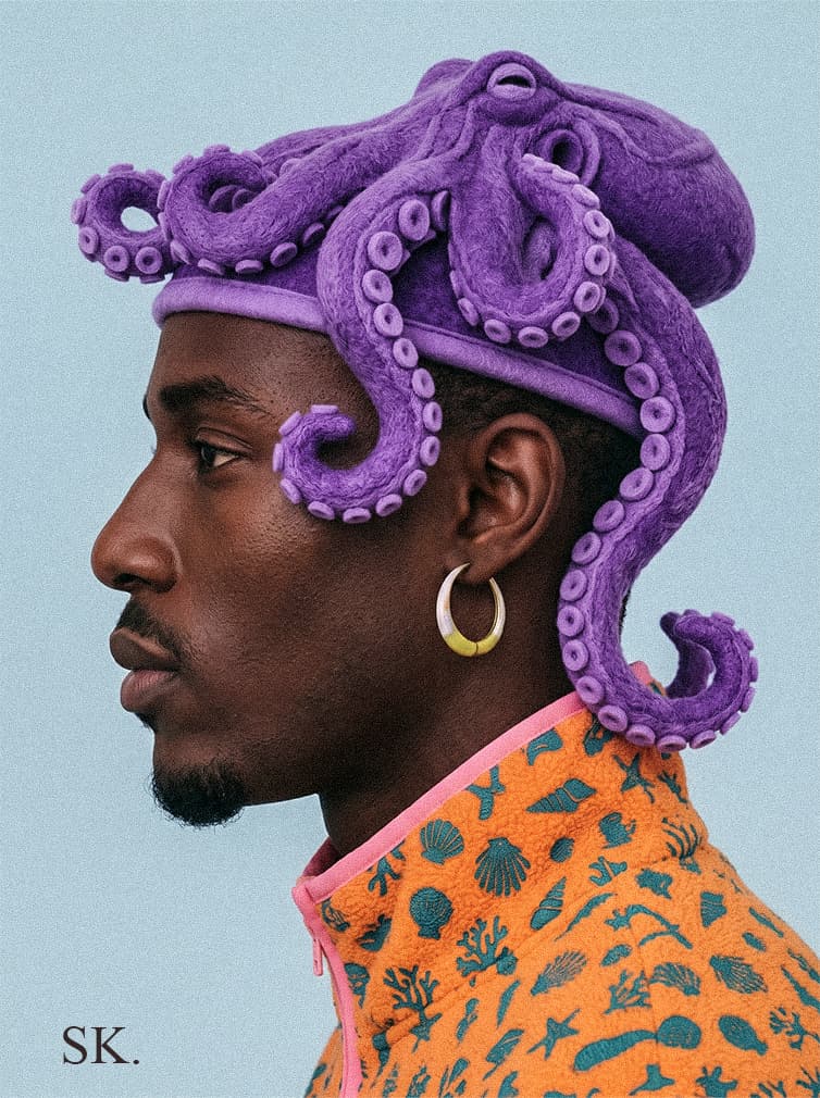 Profile of a person wearing a purple octopus hat with tentacles and an orange marine-patterned fleece jacket against a light blue background.