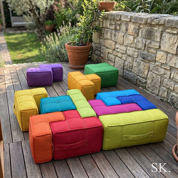 Brightly colored modular Tetris-style seating units arranged on a wooden patio deck.