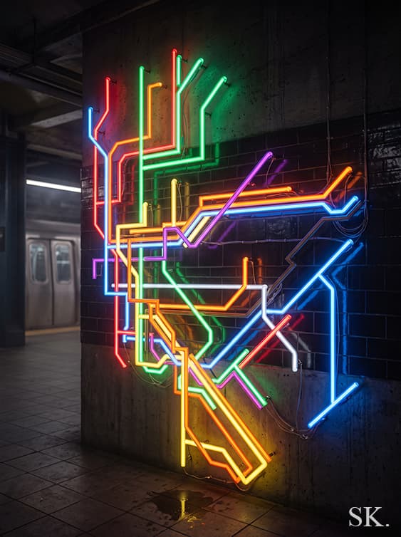 Vibrant neon light art installation depicting an abstract subway map on a dark brick wall in a metro station with a subway train in the background.