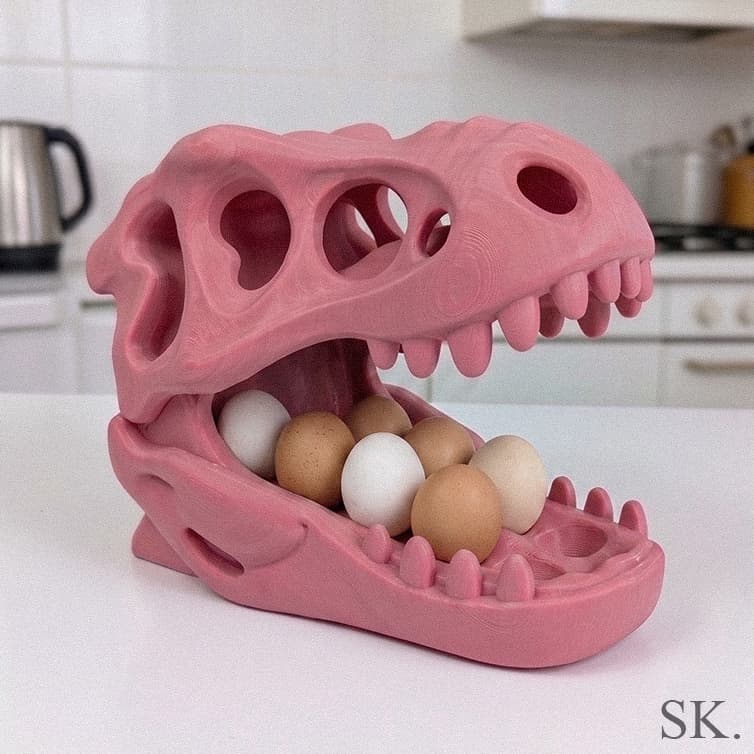 Pink T-Rex dinosaur skull egg holder displaying various white and brown eggs in its open mouth.