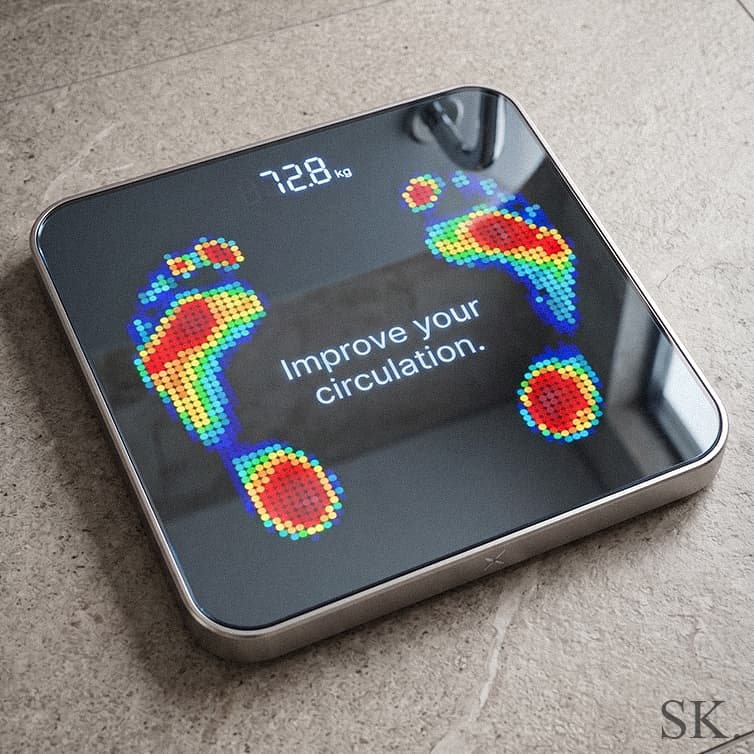 A modern smart digital scale displaying 72.8kg and a colorful heat map of foot pressure, with text 'Improve your circulation'.