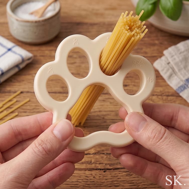 Hands holding a cute paw-shaped spaghetti portion measurer with uncooked spaghetti in its holes.
