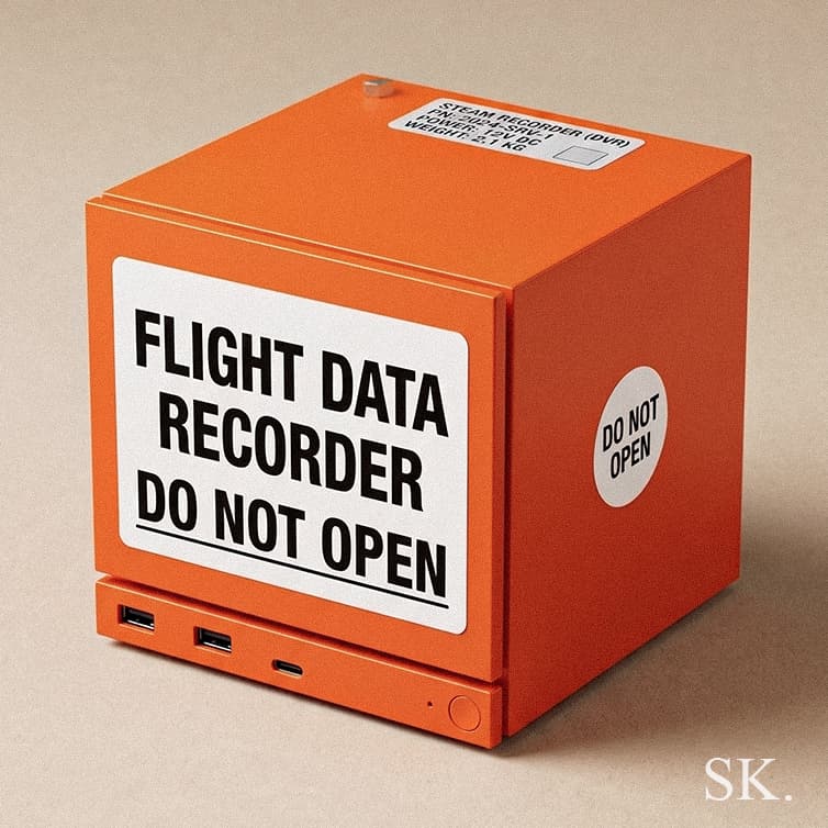 Orange cube device designed as a 'Flight Data Recorder' black box, featuring USB ports and labeled as a 'STEAM RECORDER (DVR)' for gaming or media.